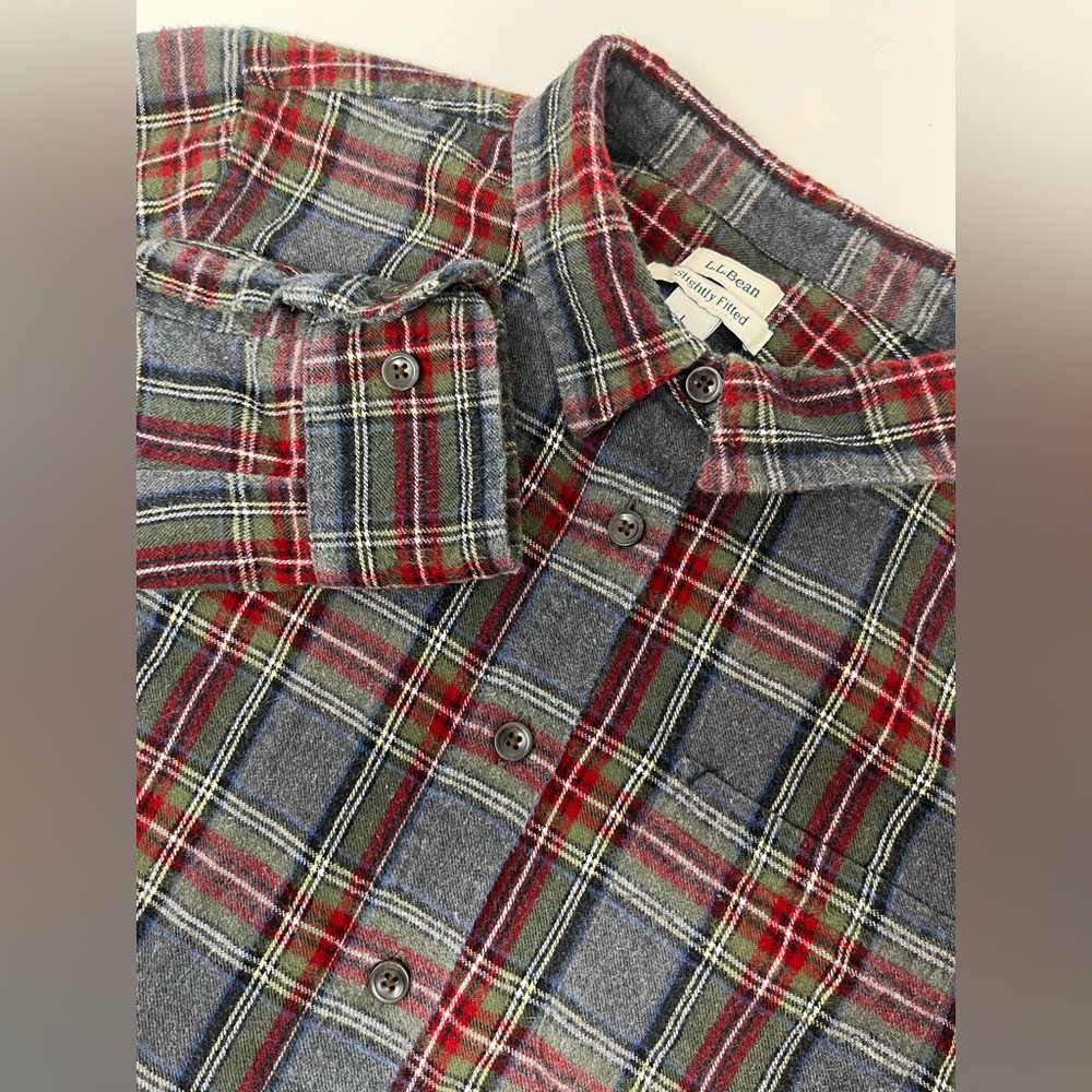 L.L. Bean Gray, Red & Green Plaid Button-Down Shirt